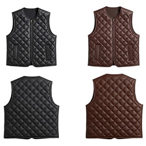 May include: A collection of quilted vests in black and brown. Each vest features a diamond pattern, a zip-up front, and two front pockets. The vests are displayed from the front and back, showcasing the design.