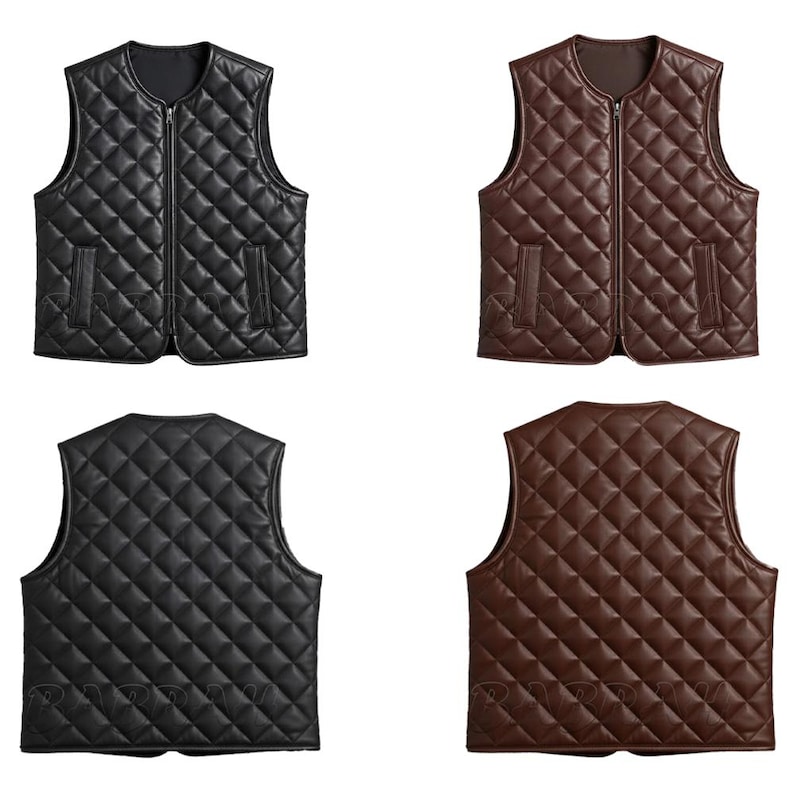 May include: A collection of quilted vests in black and brown. Each vest features a diamond pattern, a zip-up front, and two front pockets. The vests are displayed from the front and back, showcasing the design.