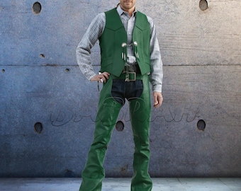 Set Green Men's Genuine Real Leather Motorcycle Vest Concho Biker Vests Leather Chaps