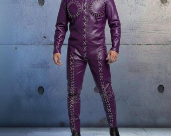 Purple Custom Made Premium Genuine Leather Catsuit: Laces Front, Zipper Back