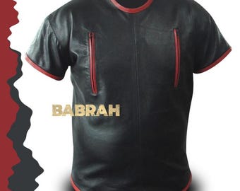 Men's Leather Shirt Short Sleeve T-Shirts Red Piping New