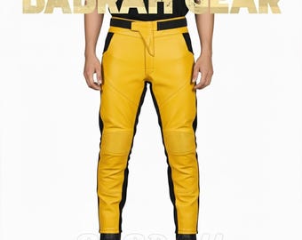 Men's Heavy Duty Yellow Leather Motorcycle Pants Custom Length Leather Biker Pant Racing Pant New BG-1477
