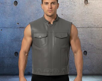 Grey Men's Genuine Real Leather Motorcycle Vest SOA Style Concealed Carry Vests