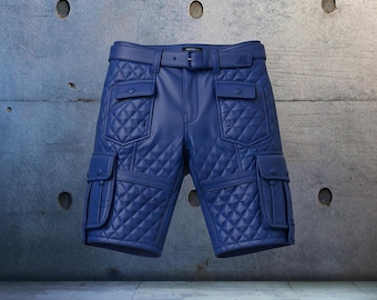 Men's Real Leather Tactical Shorts - Quilted Leather Cargo Shorts with Belt, Hunting & Biker Style Utility Blue Shorts for Men