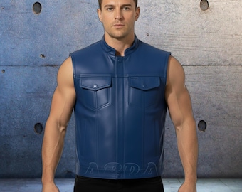 Blue Men's Genuine Real Leather Motorcycle Vest SOA Style Concealed Carry Vests