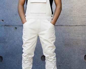 White Premium Cowhide Genuine Real Leather Motorcycle Bib Overalls Dungarees New