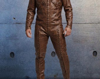 Custom Made Brown Distressed Leather Catsuit: Laces Front, Zipper Back