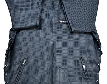 Men's Leather Shirt Short Sleeve T-Shirts Perforated Air Flow Mesh Leather Adjustable Laces