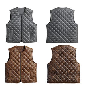 May include: A set of four quilted vests in two colors. The top two vests are gray, and the bottom two are brown. Each vest has a diamond pattern. The gray vests have a zipper and two pockets. The brown vests have a zipper and two pockets.
