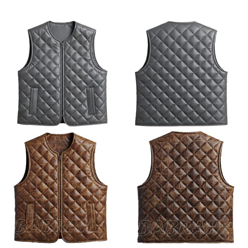 May include: A set of four quilted vests in two colors. The top two vests are gray, and the bottom two are brown. Each vest has a diamond pattern. The gray vests have a zipper and two pockets. The brown vests have a zipper and two pockets.