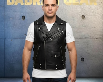 Men's Genuine Real Leather Motorcycle Biker Vest Punk Studded Motorcycle Riding Vest