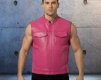 Pink Men's Genuine Real Leather Motorcycle Vest SOA Style Concealed Carry Vests