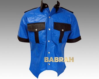 Men's Leather Shirt Short Sleeve Blue Black Leather Shirts New