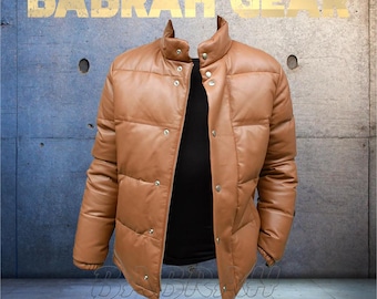 Men's Tan Leather Puffer Jacket: Biker Motorcycle Style