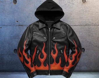 Men's Genuine Leather Flame Jacket: Biker Hoodie Style