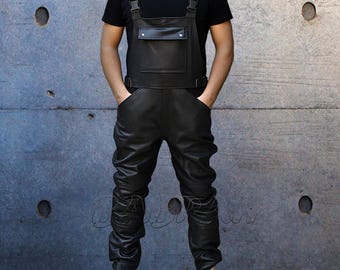Cowhide Leather Motorcycle Bib Overalls: Removable Knee Protector Dungarees