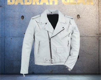 Men's White Leather Motorcycle Jacket: Vented Biker Brando Style