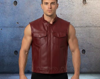 Maroon Men's Genuine Real Leather Motorcycle Vest SOA Style Concealed Carry Vests