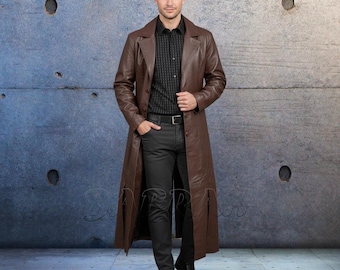 Men's Full-Length Real Leather Trench Coat Dark Brown Gothic Duster Coat Long Leather Overcoat Vampire Cosplay Winter Outerwear Custom Made