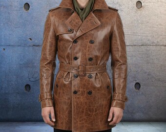 Men's Vintage Look Distressed Brown Leather Trench Coat Handmade Real Waxed Leather Duster Double Breasted Belted Winter Jacket