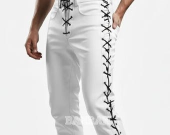 White Front Laces Side Leg Laces Men's Leather Pants Jeans Style with Laced Sides