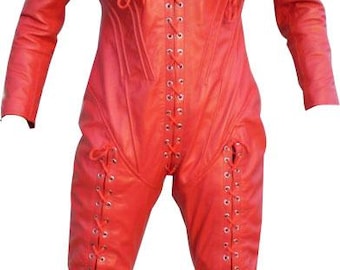 Red Custom Made Soft Smooth Lambskin Leather Catsuit Laces Front Zipper Back Tailor Made Bespoke Leather Bodysuit Dress Costume New