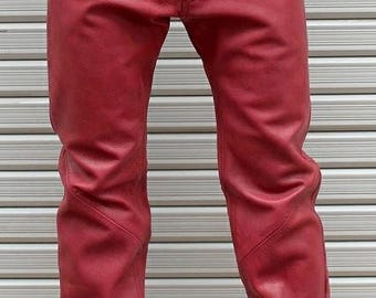 Red Custom Tailor Made Bespoke Real Leather Jeans Style 5 Pockets Pant Straight Legs New