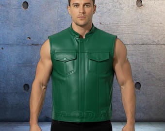 Green Men's Genuine Real Leather Motorcycle Vest SOA Style Concealed Carry Vests