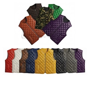 May include: A collection of quilted vests in various colors, including brown, green, purple, and yellow. The vests have a diamond pattern and a front zipper. The vests are sleeveless and appear to be made of leather or a leather-like material.