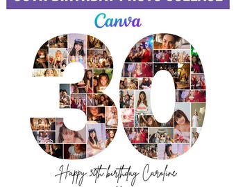 30th Birthday Photo Collage Template, Number 30 Collage, 30th Collage, Custom Gift for her, 30th Birthday, Number Collage, Canva Template