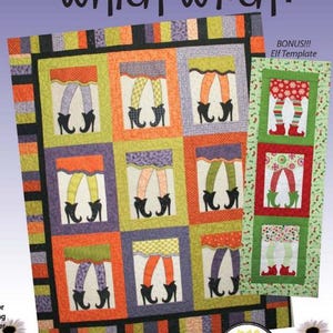 Könnte beinhalten: Ein bunter Quilt mit dem Text "Which Witch?" zeigt Quadrate mit Hexenbeinen in verschiedenen Farben und Mustern. Ein kleinerer Quilt mit Elfenbeinen ist ebenfalls abgebildet. Der Quilt ist mit schwarzen und orangefarbenen Streifen eingefasst.