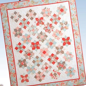 Peut inclure: Une courtepointe avec une bordure florale et un motif de blocs rouges, roses, gris et bleus. La courtepointe porte le texte "Maison Bleue" en haut et "Crazy Old Ladies" en bas.