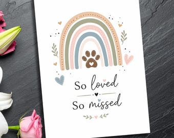 Carte de sympathie pour la perte d'un animal de compagnie, carte commémorative pour animal de compagnie Rainbow Bridge, téléchargement numérique de carte de perte de chien, carte de sympathie pour chat, tant aimée, tellement manquée