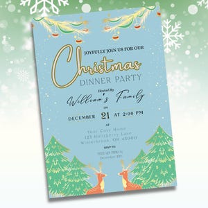 Editable Christmas Dinner Invitation | Blue Holiday Party Template Canva | Printable Evite Download | Cozy Winter Christmas Card