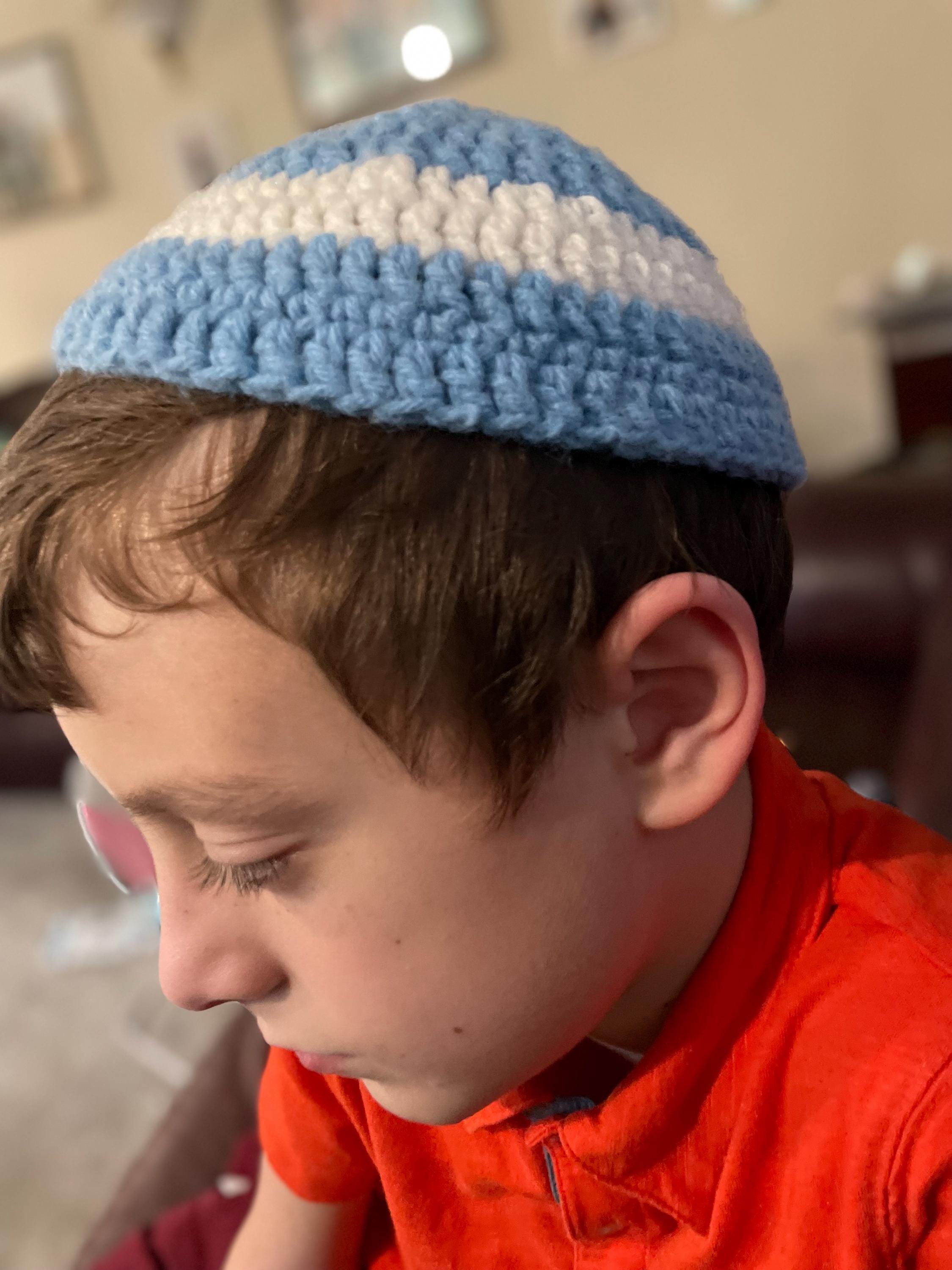 26 Crochet Kippah Patterns for Everyday Wear, Gifts, and Judaica-Inspired Style 19 Baby Blue and White Handmade Crochet Kippah