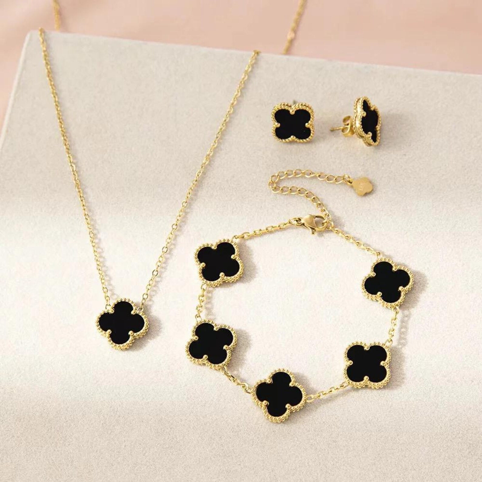 thumbnail image 2 of 4-Leaf Lucky Clover Silver Jewelry Set – Pave CZ Necklace & Earrings, White Gold Plated, Lab-Created Stones 2 of 6