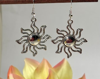 Silver Celestial Sun Dangle Earrings, Hypoallergenic