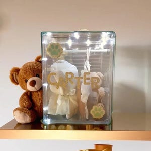 Puede incluir: Un oso de peluche marrón está sentado junto a una caja de cristal transparente con el nombre "CARTER" en letras doradas. Dentro de la caja hay dos pequeños peluches y una pegatina con huella de pata. Se ve un body amarillo debajo.