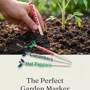 Könnte beinhalten: Eine Hand platziert einen weißen Gartenmarker mit der Aufschrift "Tomaten" in die Erde neben einer jungen Tomatenpflanze. Zusätzliche Marker für "Gurken" und "Paprika" sind ebenfalls sichtbar. Der Text "The Perfect Garden Marker" wird angezeigt.