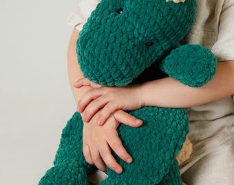 Plush Dino lovey cuddle buddy, crochet baby comforter, soft sensory toy