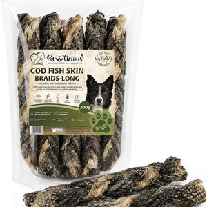 May include: A clear plastic pouch containing several long, braided cod fish skin dog treats. The label features the text "Pa-licious," "COD FISH SKIN BRAIDS-LONG," and "200g," along with an illustration of a black and white dog.