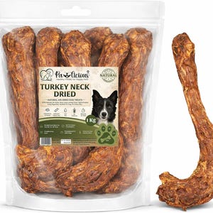 May include: A clear plastic bag containing multiple dried turkey necks for dogs, labelled Pa-licious Turkey Neck Dried, 1 kg. The packaging features a black and white dog illustration, text details, and a single dried turkey neck placed to the right.
