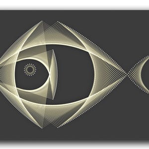 May include: A geometric fish design created with white lines on a dark grey background.