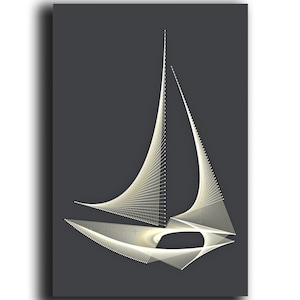 Puede incluir: Una silueta blanca de un velero sobre un fondo gris oscuro. El velero está hecho de líneas finas que crean un patrón geométrico.