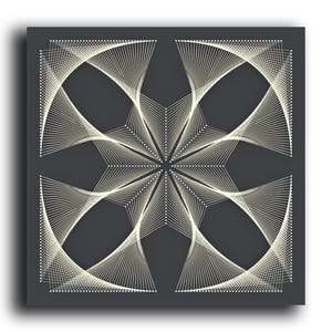 Könnte beinhalten: Quadratische Wandkunst mit einem geometrischen Design. Weiße Schnur ist auf einem dunkelgrauen Hintergrund gespannt und bildet ein symmetrisches Muster. Das Design umfasst eine zentrale sternförmige Form und geschwungene Linien.