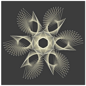 May include: A geometric design created with string art. The design is a six-pointed star with a central hexagon. The string is a light gold color and is set against a dark gray background.