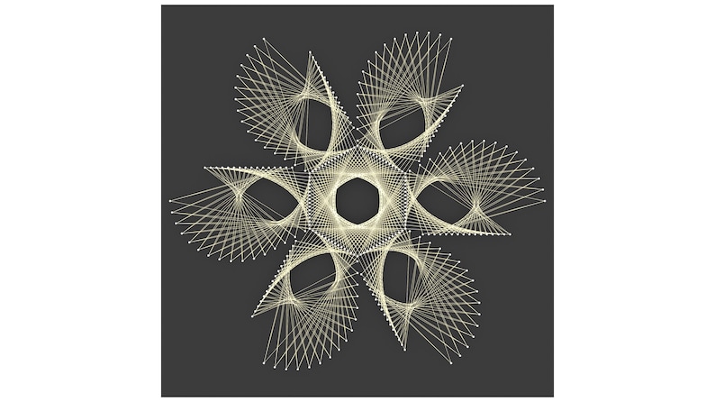 May include: A geometric design created with string art. The design is a six-pointed star with a central hexagon. The string is a light gold color and is set against a dark gray background.