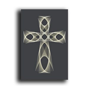 May include: A white cross made of string art on a dark gray background.
