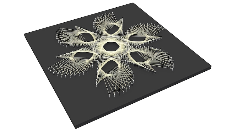 May include: A white string art design in the shape of a flower with six petals on a black background.