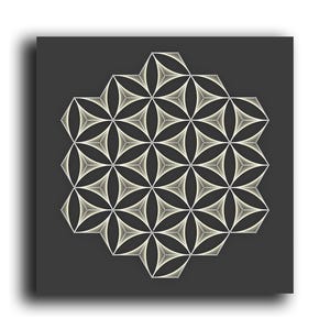 May include: A geometric pattern in the shape of a flower with a black background and white lines. The pattern is made up of overlapping circles and triangles.